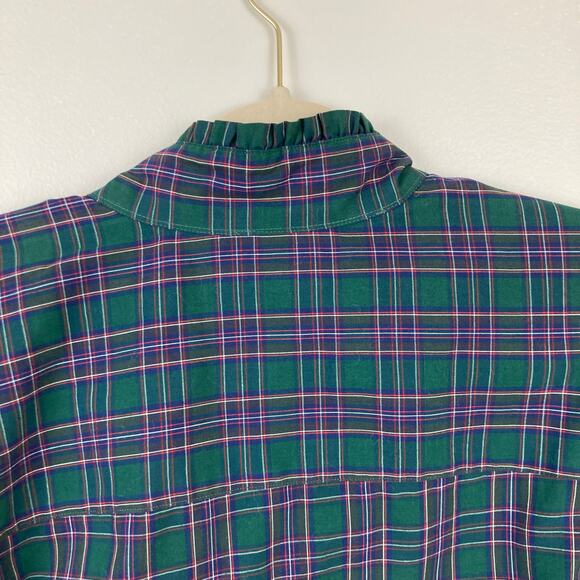 Vintage Womens L Green Plaid Puff Sleeve Ruffle Shirt Dark Academia Office Retro - Picture 9 of 10